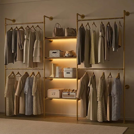 Industrial Pipe Clothing Rack with LED Lights& Shelves,Gold | Heavy Duty Adjustable Garment Hanger with Shelves, 2 Installation Methods Closet Storage System for Wardrobe Organization