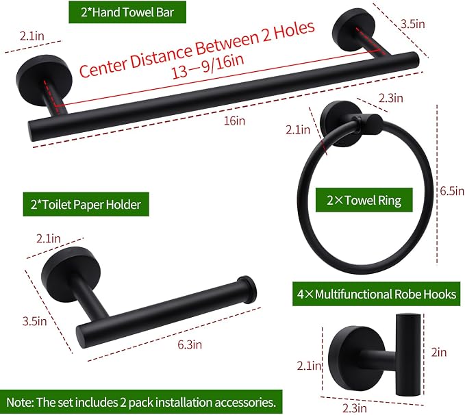 10pcs Matte Black Bathroom Hardware Set | Including 16" Hand Towel Bars, Toilet Paper Holders, Towel Rings, Towel Hooks