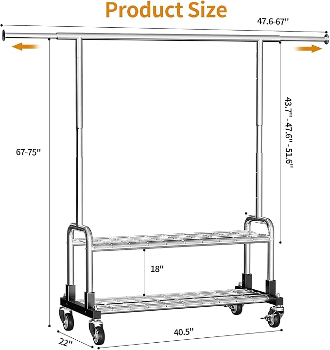 Luxspire Rolling Heavy Duty Clothes Rack with 2 Sturdy Shelves Load 600 LBS | Zinc-iron alloy frame, lockable silent wheels, adjustable extendable rods for bedroom and laundry room garment storage