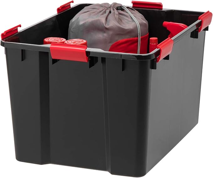 IRIS USA 3-Pack 74 Qt Storage Bins with Gasket Lids, Black/Red | WeatherPro seal helps protect bulky items for moving, garage, attic and basement storage