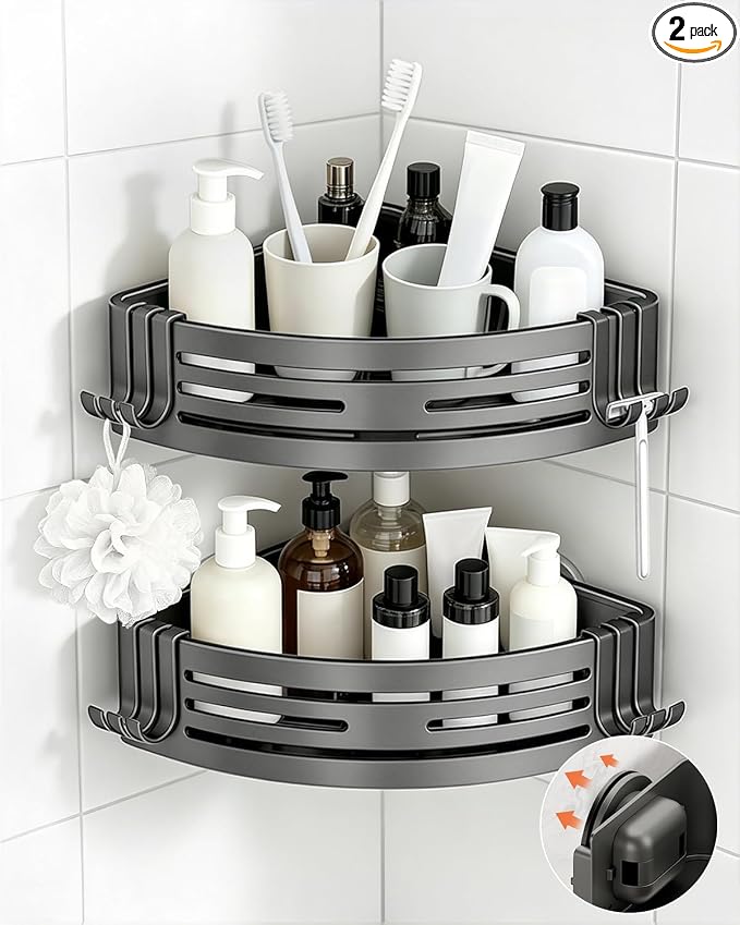 Conworld Corner Shower Caddy Suction Cups, No-Drilling Corner Shower Shelf | 1. No Drilling, No Wall Damage 2. Aluminum, Rustproof 3.Suitable for Ceramic Tiles and Glass Walls