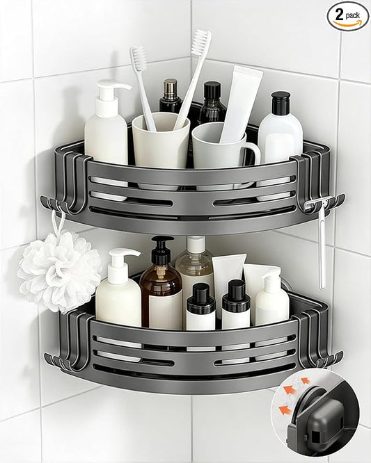 Conworld Corner Shower Caddy Suction Cups, No-Drilling Corner Shower Shelf | 1. No Drilling, No Wall Damage 2. Aluminum, Rustproof 3.Suitable for Ceramic Tiles and Glass Walls