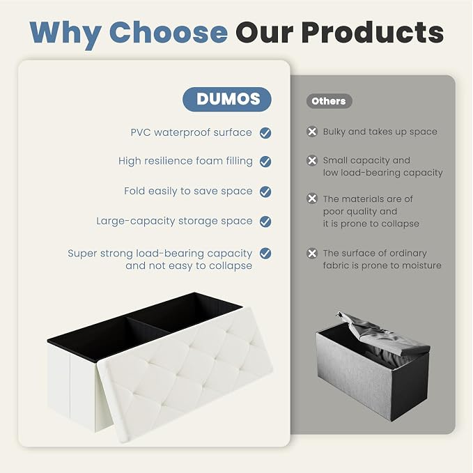 DUMOS 43 Inch Folding Ottoman with Storage Bench, Foot Rest Stool Ottoman | Upholstered End of Bed Storage Bench, Storage Ottoman Loads 660 Lbs for Bedroom, Living Room, Synthetic Leather, Beige