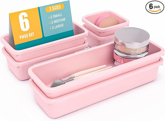 6 PCS Drawer Organizer Set, 3 Size Makeup Drawer Divider Organizer With Non-Slip Pads, Interlocking Plastic Storage Bins for Office,Jewelry Vanity,Gadgets, Bathroom,Kitchen, Pink
