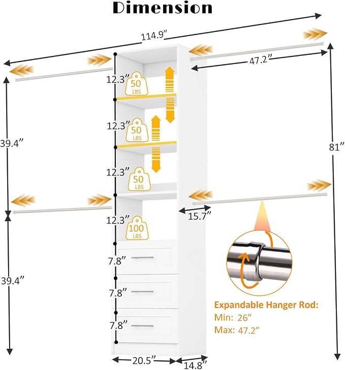 Closet Organizer System with Drawers, Wall Mounted 5FT-9FT White | 3 Wooden Storage Drawers, 4 Expandable Hanging Rods, 2 Adjustable Shelves,walk-in closet organizer,Wall Mount Walk In Tower