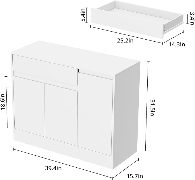 Housoul 39.4" W Shoe Storage Cabinet with 3 Doors & Drawer, White | Freestanding Modern Shoe Cabinet with Drawer & Adjustable Shelves, Wooden Shoe Organizer Cabinet for Entryway, Hallway
