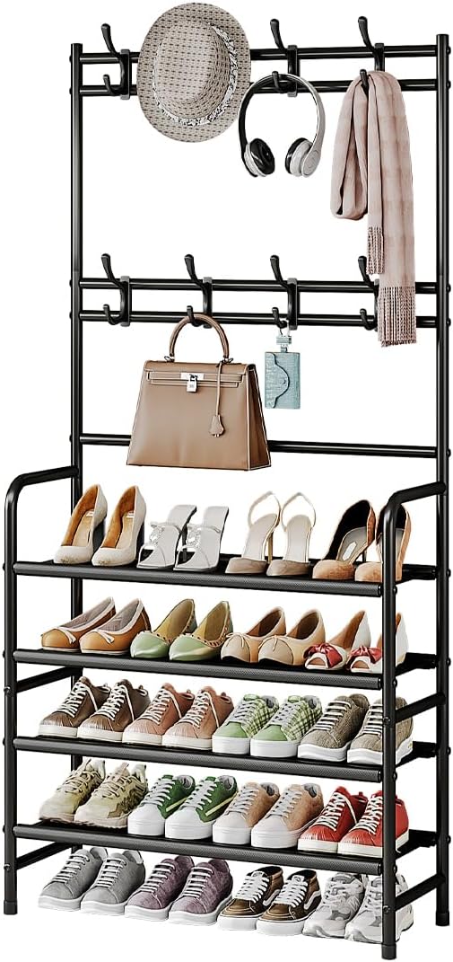 Coat Rack Shoe Rack With Storage Hooks Standing Organizer 4 Tier | Metal Freestanding Hall Tree for Clothes Hats bag Scarves Space Saving Design for Entryway Bedroom living Closet Office,Black