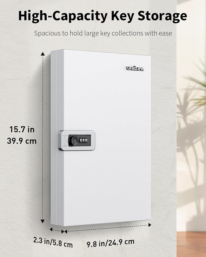 Uniclife Key Lock Box, Wall Mount Key Box, Car Key Organizer with Writable Key Racks and Tags, 32-Key Combo Lock, White, Security Key Holder Storage Box for Office, Company