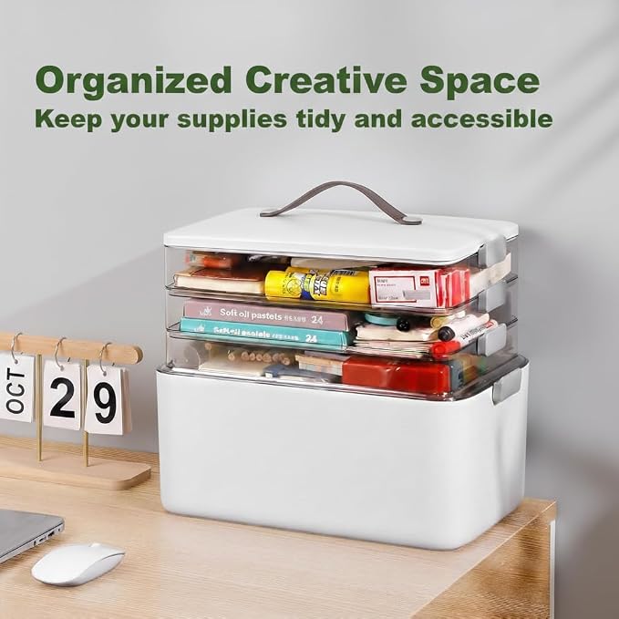 MOPALL Craft Medicine Cabinet Organizers Storage Box for Art Supply Sewing | 4-Tier Mega Capacity, Portable Latch Bin with Lid, Leather Handle, Space-Saving, for Home Office, Pill Bottle, First Aid