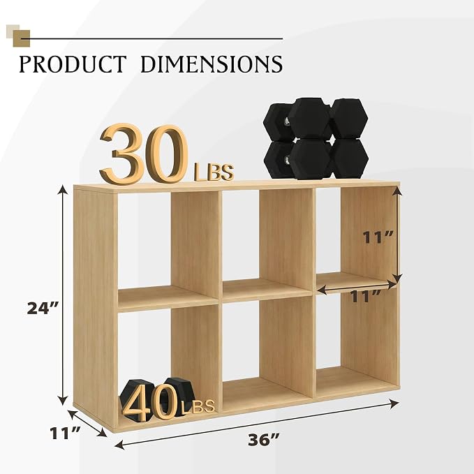 WannabeMyself【Sturdy Build&Easy Assembly】6 Cube Storage Organizer with Anti-Tipping Kits,Reversible Open Back Book Shelf, Bookcase for Living Room,Bedroom,Entrance Hall,Office,24.1×11.4×35.9,Oak Color