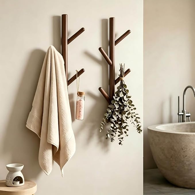 Wooden Wall Mount Coat Rack | Wall Coat Rack, 4 Hooks Tree Branch Coat Rack Wall Mount, Hat Rack for Wall Heavy Duty, Bathroom Towel Rack 2 Pack