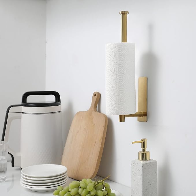 theaoo Under Cabinet Paper Towel Holder for Kitchen, Adhesive, Gold | Wall Mounted Paper Towel Roll Rack for Bathroom or Kitchen, SUS304 Stainless Steel, Self-Adhesive or Screw Installation