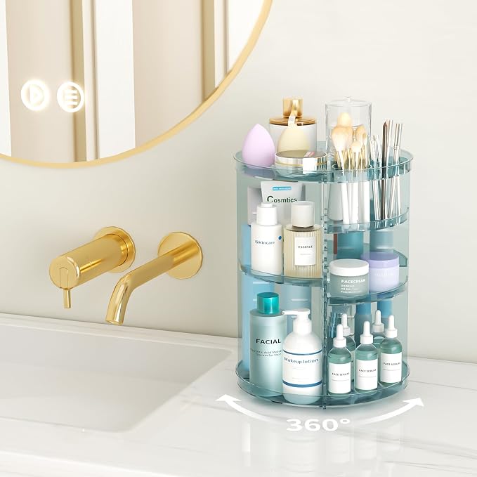 Rotating Makeup Organizer, DIY 8 Adjustable Layers Spinning Skincare Storage, Cosmetic Display Case with Brush Holder and Perfume Tray, Multi-Function Vanity Bathroom Countertop Organizer Clear Blue