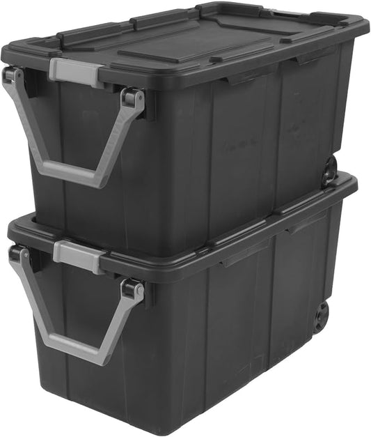 40 Gallon Heavy-Duty Rolling Storage Bins 2-Pack, Dark Gray Industrial Plastic with Pivot Handle, Leakproof Lid & Latches, for Garage Warehouse Equipment Transport & Storage