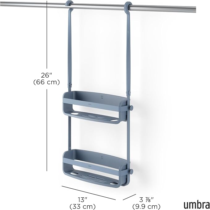 Umbra Flex Shower Caddy, Hanging 2 Shelves Bathroom Organizer, Slate Blue | Flexible silicone bands, drainage system, mold resistant, bottle collars, overhead mount