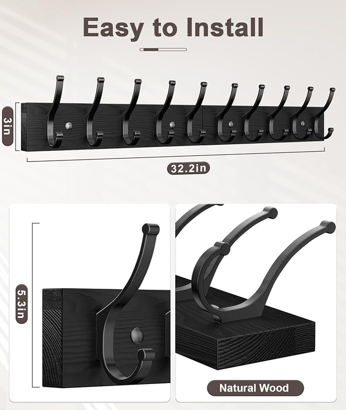 Optish 1 Pack Wooden Coat Rack Wall Mount, 16.1" Rustic Coat Hanger Hooks Wall Mount, Wall Coat Rack for Hat, Clothes, Bags, Jacket - Black
