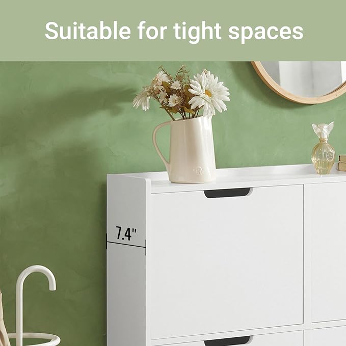 Haotian Ultra Thin Shoe Cabinet with 4 Flip-Drawers | Narrow Enclosed Shoe Rack, Slim Shoe Storage Organzier Entryway, White, FSR100-W