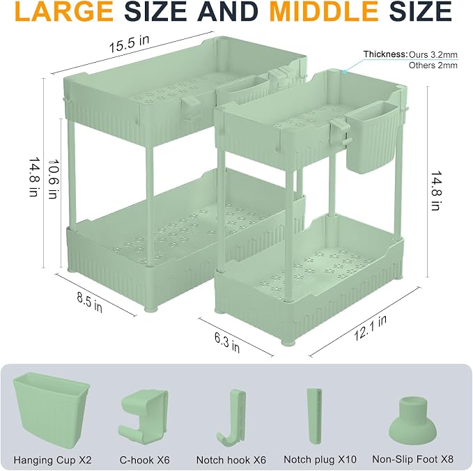 Sevenblue 2-Pack Under Sink Organizer with Hooks & Hanging Cup for Kitchen | Multi-use kitchen & bathroom storage, 14.8 inch green cabinet organizer, with hooks and hanging cup for easy access.