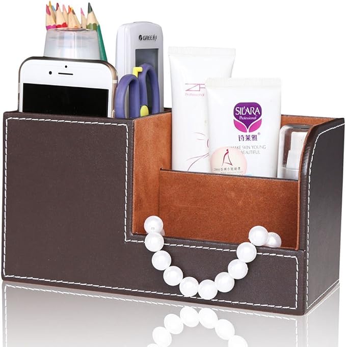Desk Organizer Office Supplies Caddy Pu Leather Multi-function Storage Box Pen/Pencil,Cell phone, Business Name Cards Remote Control Holder Brown