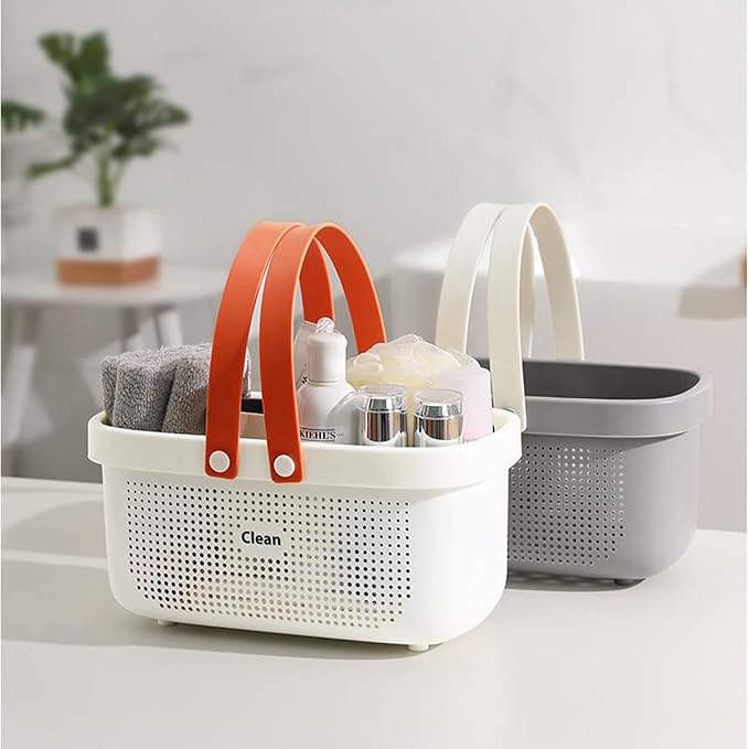 JiatuA Plastic Storage Basket with Handle Portable Shower Caddy Tote Organizer Basket Bin for Bathroom Kitchen Dorm Room Bedroom, White