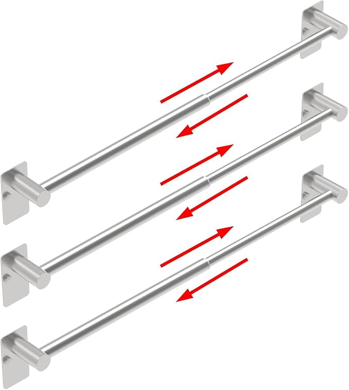 Towel Bar, 14inch to 25inch Adjustable Towel Holder Rod, Self Adhesive Wall Mounted Hand or Body Towel Rack for Bathroom Kitchen, Stainless Steel Organizer Single Bar (Brushed Nickel, 3 Pack)