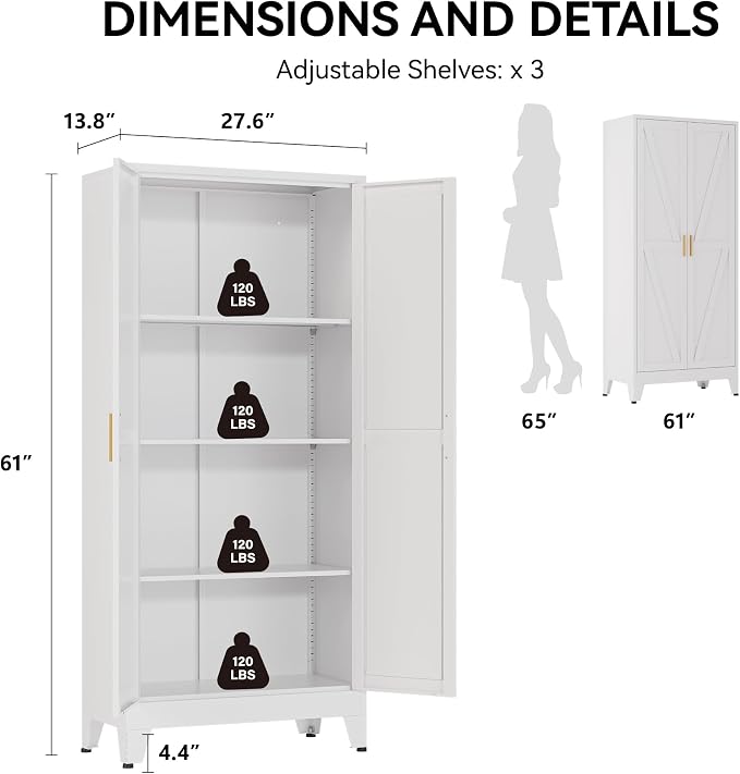 COFaR 61" Metal Pantry Cabinet with Adjustable Shelves, White Storage Cabinet with Doors and Shelves, Sturdy Freestanding Cupboard for Kitchen Pantry, Bathroom Storage, Living Room & Office