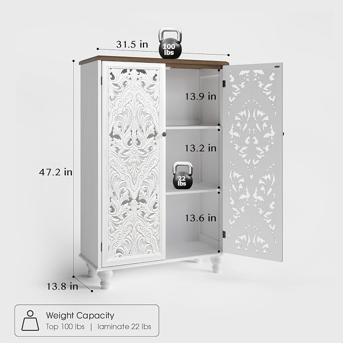 JOINICE 47" Tall Accent Cabinet with Carved Doors & Storage for Living Room | Vertical Storage, Carved Floral Design, Mandala White Buffet, Boho/Farmhouse/Rustic Style, Adjustable Shelves, Easy Assembly