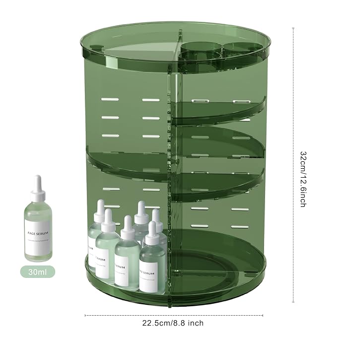 Rotating Makeup Organizer, DIY 8 Adjustable Layers Spinning Skincare Storage, Cosmetic Display Case with Brush Holder and Perfume Tray, Multi-Function Vanity Bathroom Countertop Organizer Clear Green