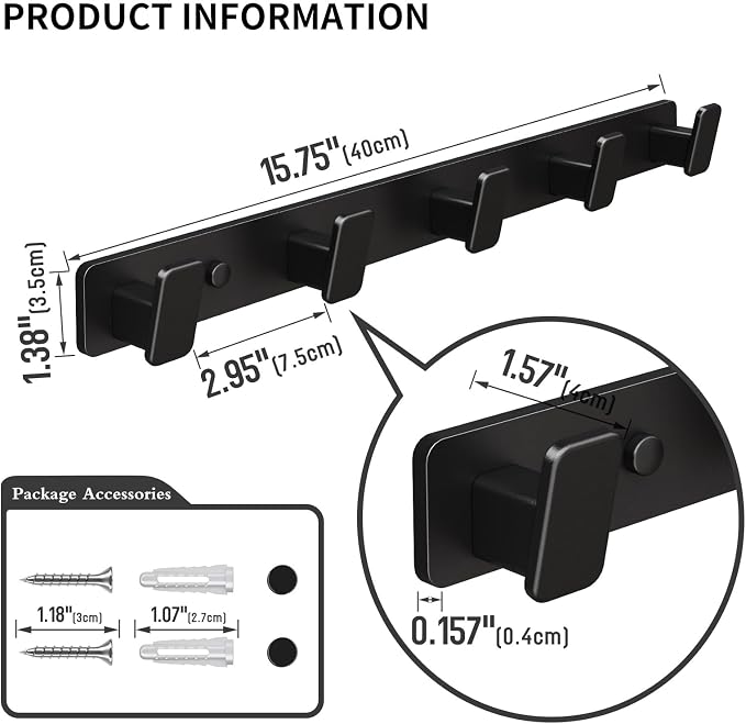 Black Wall Mount Coat Rack, 5 Wall Hooks For Hanging Key Holder Hat Hooks | Heavy Duty Door Hooks Coat Hooks Rack Wall Mounted for Entrance Robes, Bags, Keys, and Towels Bathroom Towel Hanger, 1 Pcs
