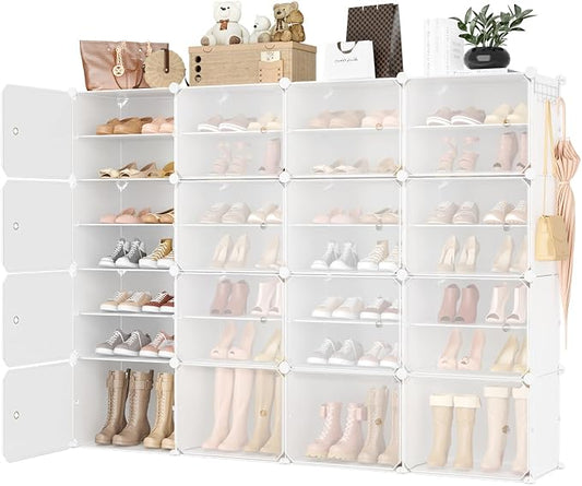 Portable Shoe Rack Organizer with Door, 64 Pairs Shoe Storage Cabinet Easy Assembly, Plastic Adjustable Shoe Storage Organizer Stackable Detachable Free Standing DIY Expandable 8 Tier White