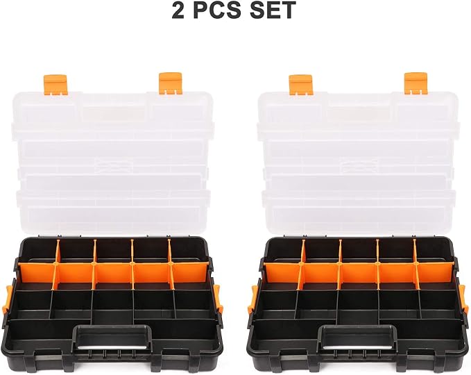 Makitoyo Tool Box Organizers, Interlocking Black Small Parts Organizer for Fasteners, Parts and Crafts w/Removable Dividers, 2 Pieces Pack, Black & Orange,15”L×11.6”W×2.6”H