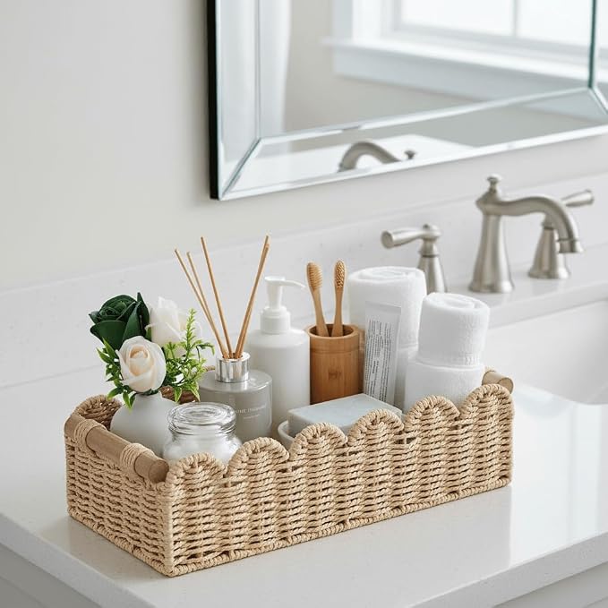 CubesLand Scalloped Toilet Paper Storage Basket W/Handle for Home Decor | Paper Rope Toilet Organizer Basket for Countertop, Over Toilet Shelf, End Table, Living Room Cozy Decorative & More, Beige