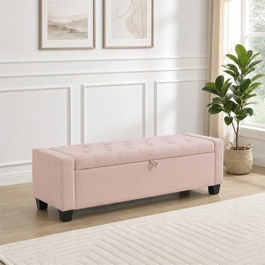 Huatean Home 43" Ottoman with Storage, Pink Storage Ottoman Bench | Upholstered Entryway Bench with Seating for Bedroom, Living Room with Safety Hinge, Holds up to 330 lb