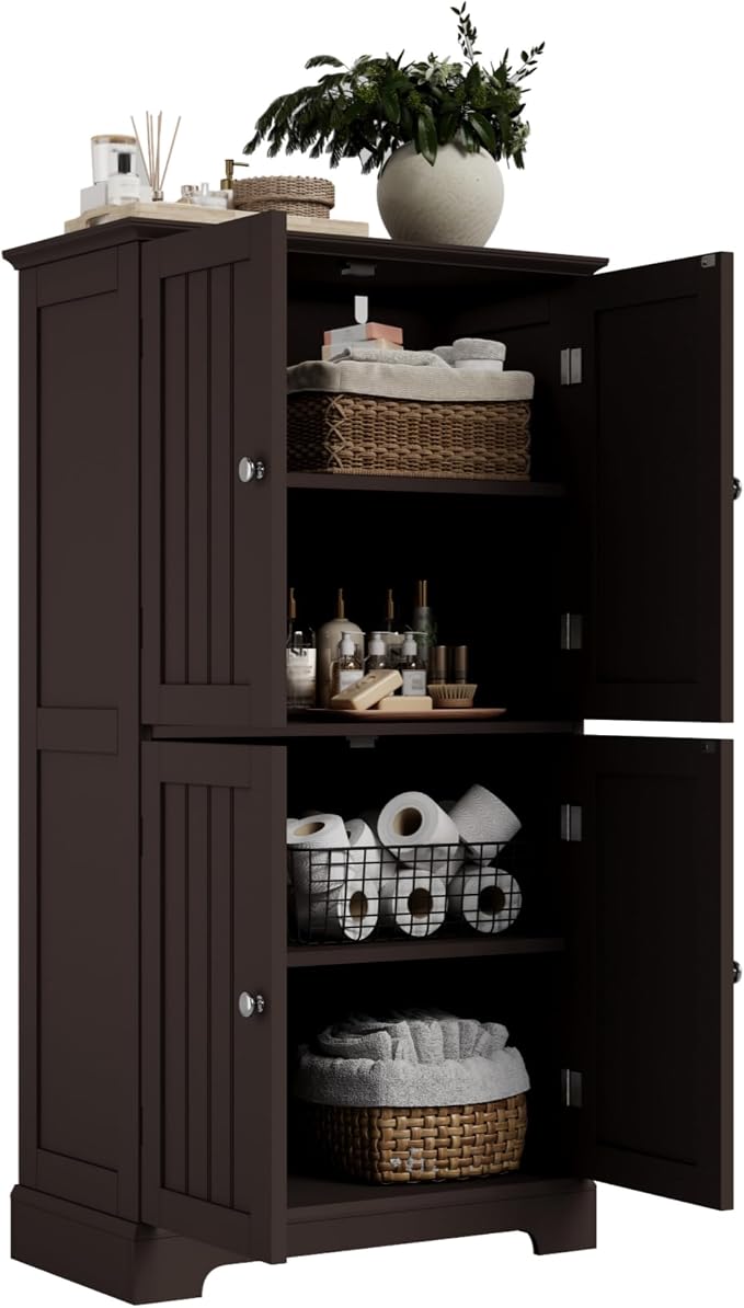 ChooChoo Bathroom Floor Cabinet with Adjustable Shelves | Bathroom Storage Cabinet, 4 Doors, Freestanding Cupboard for Living Room, Espresso