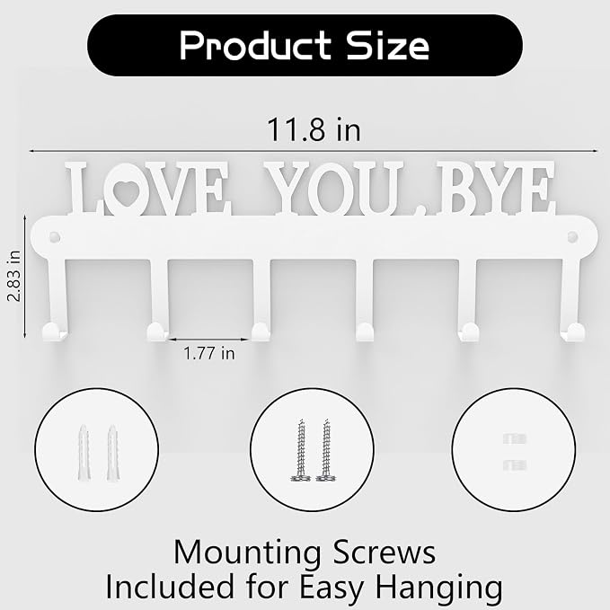 Key Holder for Wall - 'Love You Bye' Key Hooks, White, 6 Hooks | Key Holder Wall Mount Self Adhesive, Key Rack Wall Mount for Wall No Drill for Living Room, Kitchen, Bathroom, Garage