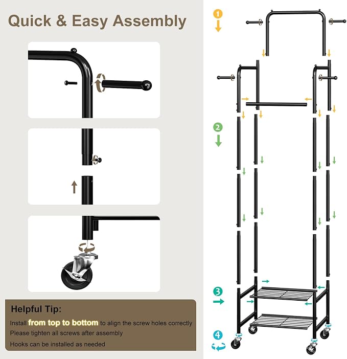 Small Clothing Rack with Wheels, Narrow Rolling Clothes Rack with 2 Shelves | Gasvadivum 71" Tall Sturdy Metal Garment Rack with 4 Hanging Rods & 4 Hooks, Portable Coat Rack for Bedroom, Bathroom, Black