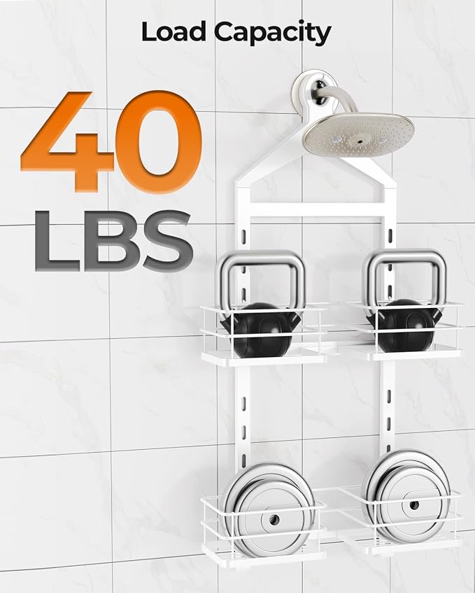 ODesign 2 Tier Shower Caddy for Handheld Shower Heads Anti-Swing White | No drilling required,comes with removable hook and storage box,suitable for handheld and wall-mounted showerheads