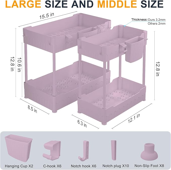 Sevenblue 2-Pack Under Sink Organizer with Hooks & Hanging Cup for Kitchen | Multi-use kitchen & bathroom storage, 12.8 inch pink cabinet organizer, with hooks and hanging cup for easy access.