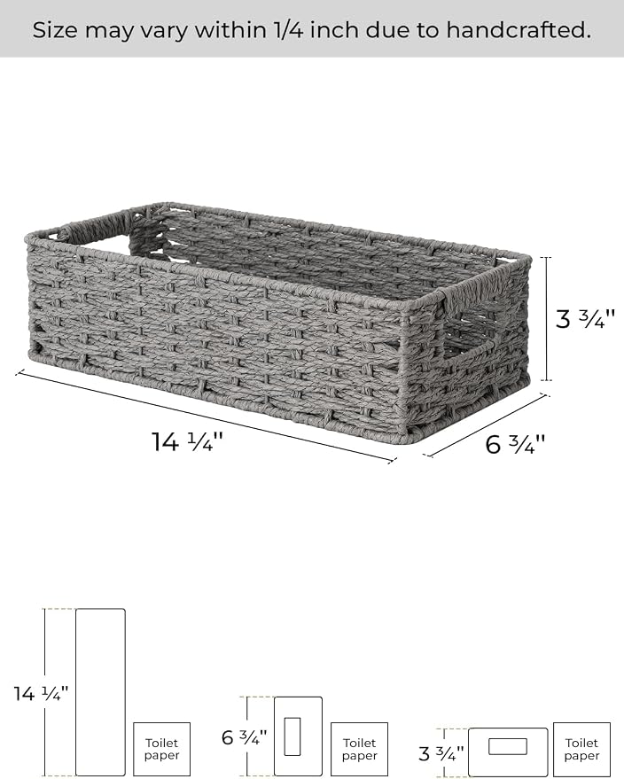 StorageWorks Toilet Tank Basket for Bathroom, Wicker Storage Baskets, Gray | Paper Rope Toilet Paper Baskets for Back of Toilet Tank Top, Bathroom Basket Organizer with Built-in Handles for Storage