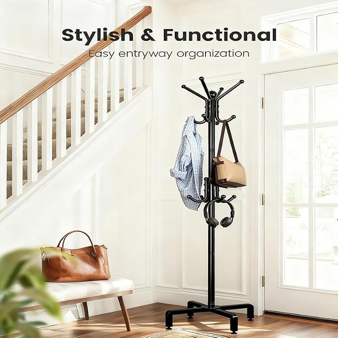 12 Hooks Freestanding Coat Rack Stand, Heavy Duty Metal Coat Tree with Stable Base, 67.7" Tall Black Coat Hanger for Entryway Hallway Bedroom Office, Holds Coats Hats Bags Without Wobbling