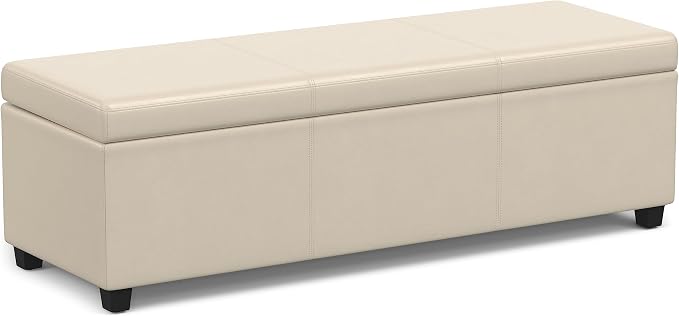SIMPLIHOME Avalon 54" Wide Vegan Leather Storage Ottoman in Tanners Brown | Contemporary lift-top ottoman with high-density foam; rectangle storage bench or coffee table for living room or entryway.
