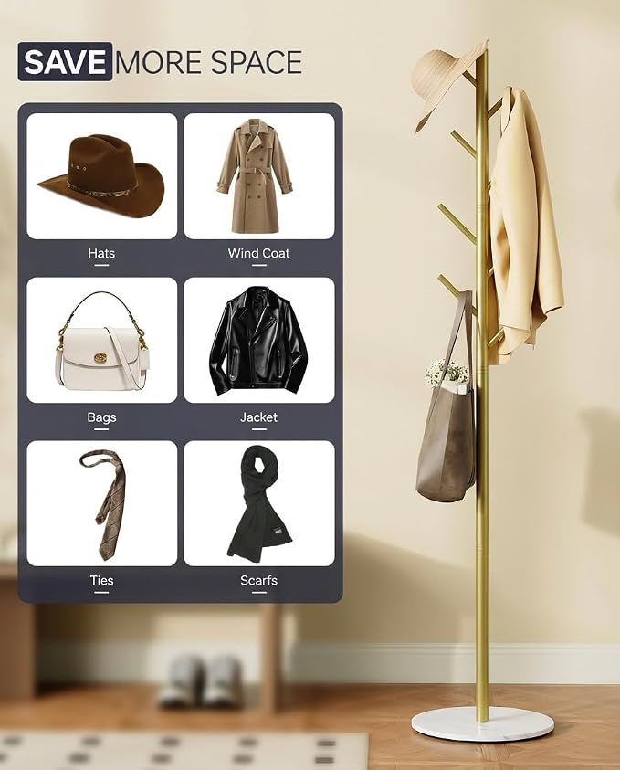 Coat Rack with 8 Hooks, 3 Adjustable Heights, Modern Hall Tree, Sturdy Metal Clothes Stand with Sintered Stone Base for Entryway, Office, Bedroom, for Coats, Hats, Handbags and Scarves, Gold
