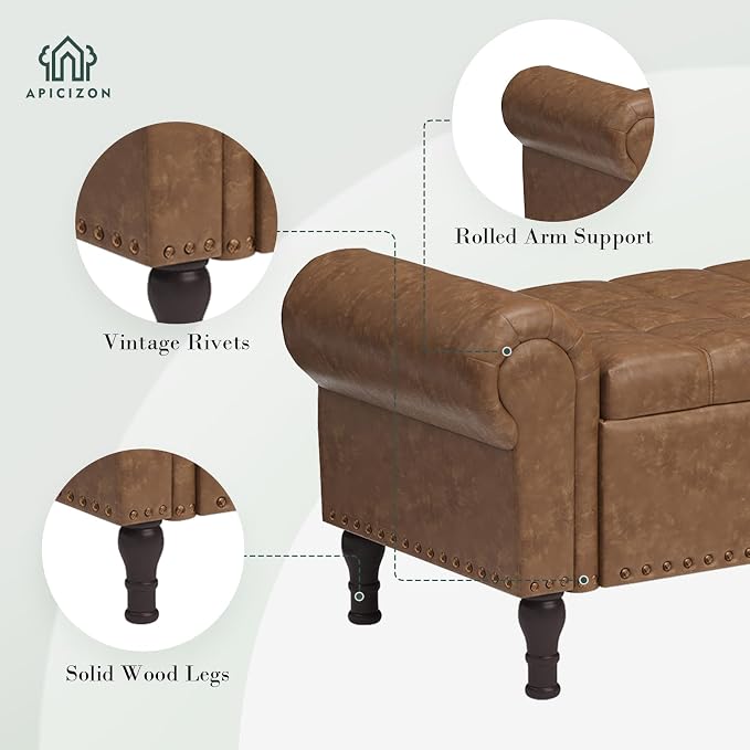 Apicizon 60” Bench with Storage, Upholstered Tufted Button Bedroom Bench with Storage, Faux Leather Ottoman Bench for Bedroom, Living Room, Entryway, Yellow Brown