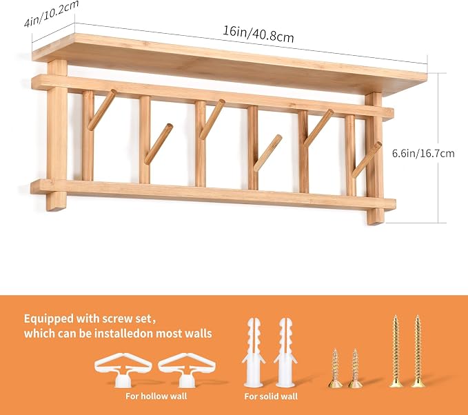 Key Holder for Wall with Shelf and 6 Rotating Key Hooks Bamboo | Key Hanger Wall-mounted with shelf decorative Coat Rack organizer for Rustic Entrances Hallway Living room Bedroom Kitchen