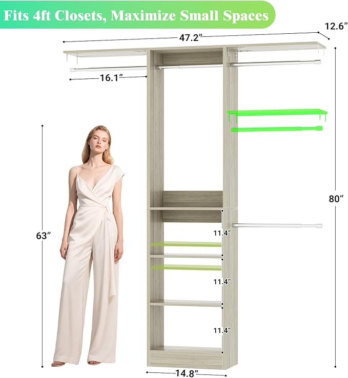 Besiost 48" Closet Organizer System, 4FT Closet System for Small Closets with 4 Hanging Rods & 3 Shelves, 80"H Small Closet Organizers and Storage for Bedrooms, Cloakrooms, White Oak