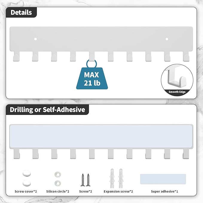 GTK Key Holder for Wall, Key Hooks with 10 Hooks, Wall Mounted Key Holder for Hallway, Self Adhesive Key Rack(White)