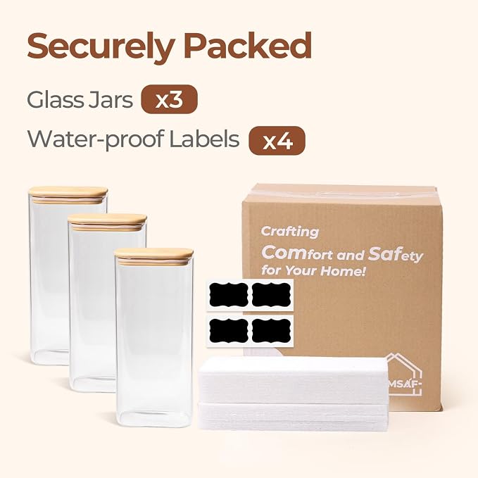 ComSaf Glass Storage Containers With Lids 2 Qt, Set of 3 Cereal Containers | Pantry Storage Container, Rectangle Jar, Glass Cereal Dispenser, Kitchen Canisters, Dry Food, Flour, Sugar, 64oz, BPA Free
