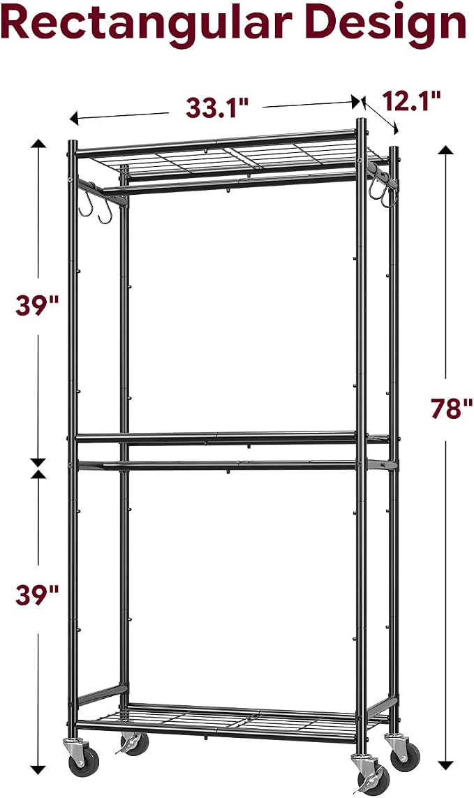 Simple Trending Clothing Rack, Portable Closet, Clothes Rack, Black | Wardrobe Closet with Mesh Shelves & Hooks, Metal Garment Rack, 360° Lockable Wheels, Multi-Functional, for Bedroom, Laundry