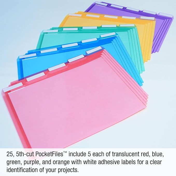 Ultimate Office PocketFile Clear Document Folders, 5th-Cut, Set of 25 | Clear poly project pockets in 5 assorted colors; letter size; sort, color-code, and protect documents without punching