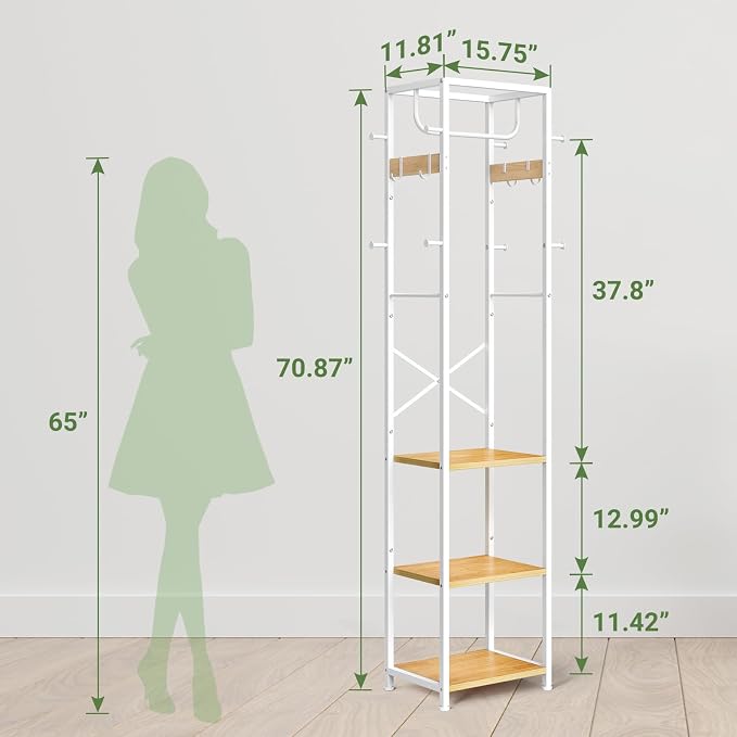 ELYKEN Coat Rack Freestanding, Hall Tree with 3 Shelves and 12 Hooks | Industrial Metal Frame, Space-Saving Design, Clothes Rack Stand Organizer for Bedroom, Hallway, Entryway, Office, Living Room